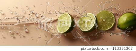 Fresh ripe sliced citrus lime slices in water splashes, healthy fruit, banner 113331862