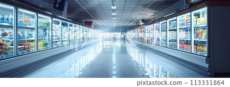 Frozen goods area in a supermarket, long refrigerated display cases with goods in the store, banner 113331864