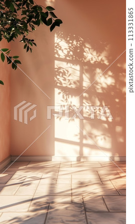 Empty wall with shadow from plants in peach pastel colors 113331865