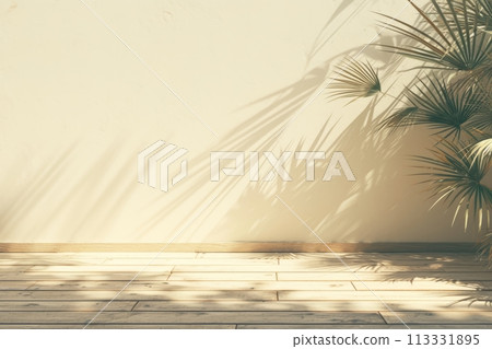 Empty wall with shadow from plants, home flower in pot near wall 113331895