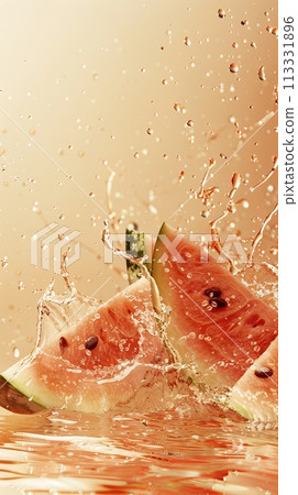 Fresh ripe sliced watermelon slices in splashes of water, healthy fruit 113331896