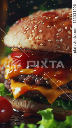 Multi-layer juicy tasty burger close-up, fast food 113331906