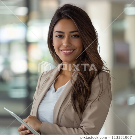 Smiling Hispanic businesswoman 20-30 years old, active business woman in front of her office 113331907