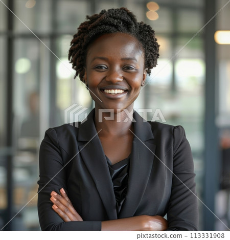 Smiling African American businesswoman 40-50 years old, active business woman against the background of her office 113331908