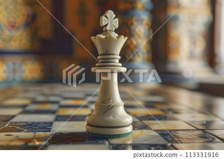 Chess game, chess piece queen close-up on a chessboard Chess game, chess piece queen close-up on a chessboard 113331916