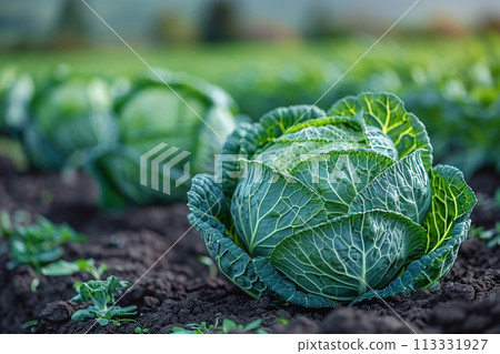 Close-up of fresh green savoy cabbage growing in field. Close-up of fresh green savoy cabbage growing in field. 113331927