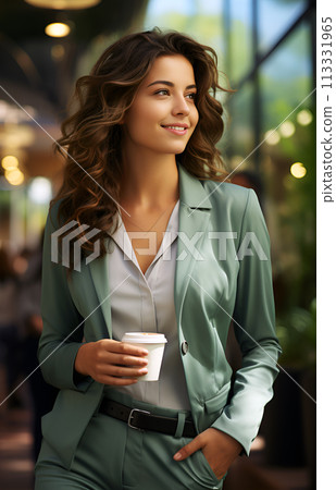 Smiling Caucasian businesswoman in green suit is holding mug of coffee and relaxing on the street of urban modern city 113331965