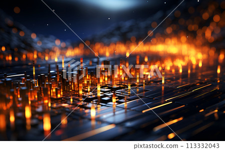 Abstract 3d rendering golden glowing golden lights for futuristic cyber technology background 113332043