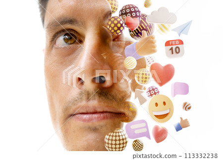 A double exposure portrait of a man with social media icons and 3D spheres A double exposure portrait of a man with social media icons and 3D spheres 113332238