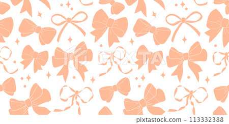 Seamless pattern with various peach fuzz satin bow knots, gift ribbons. 113332388