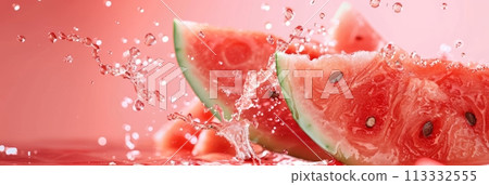 Fresh ripe sliced watermelon slices in splashes of water, healthy fruit, banner 113332555