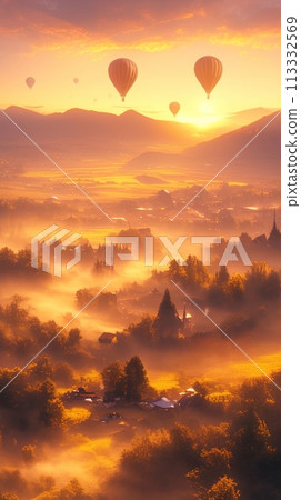 Top view of green landscape and mountain valleys and colorful hot air balloons flying in the sky 113332569