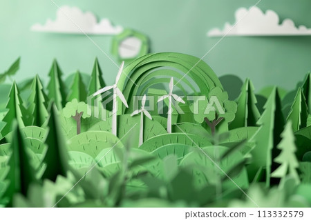 Paper cut , clean power energy, eco friendly concept , windmills in nature 113332579