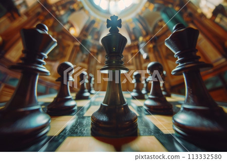Chess game, chess piece queen close-up on a chessboard 113332580