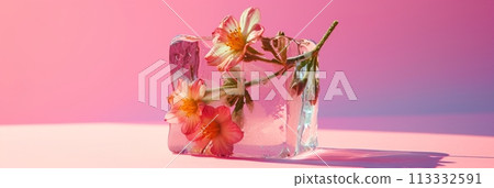 Fresh different flowers in an ice cube on a pink background, frozen flowers, banner 113332591