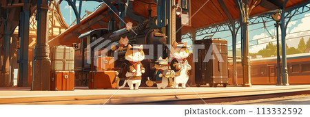 Illustration of Cute kind funny cats in winter clothes and hats at the railway station with suitcases, illustration for a children's book, banner 113332592