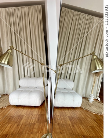 Reflection of a part of the interior with a lamp and an upholstered chair in the mirror Reflection of a part of the interior with a lamp and an upholstered chair in the mirror 113332935