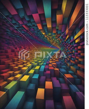 Vibrant Geometrically Patterned Tunnel Perspective in Multicolor, Abstract Artwork with Pixelated and Swirling Designs, Generative AI 113333001