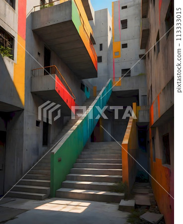 Brutalist Stairway with Grey Concrete Walls Adorned with Geometric Shapes in Bright Colors, Generative AI 113333015