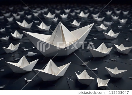 Intricate White Origami Boats on Dark Reflective Surface, Generative AI 113333047