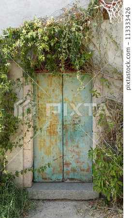 The door with metal swings of an ancient house in the countryside. 113333426