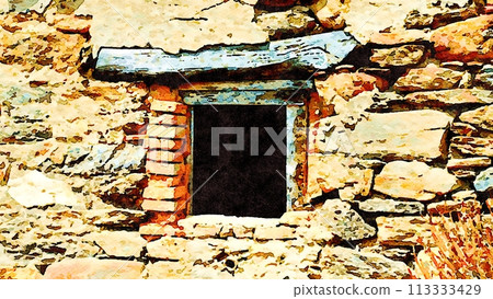 One of the windows of an ancient brick and granite house. 113333429