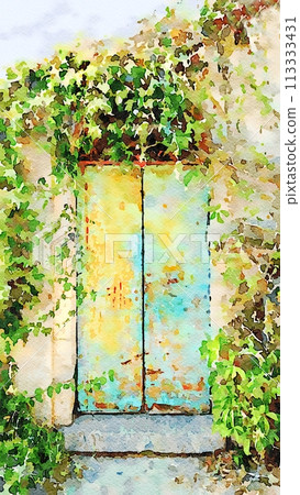 The entrance door with metal shutters of an ancient house in southern Europe. 113333431