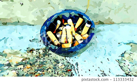 An ashtray full of spent butts on the ground along a wall. An ashtray full of spent butts on the ground along a wall. 113333432