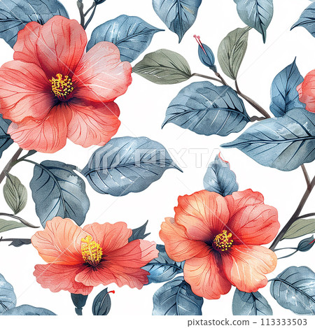 watercolor seamless pattern with tropical hibiscus flowers. pink flowers on white background 113333503