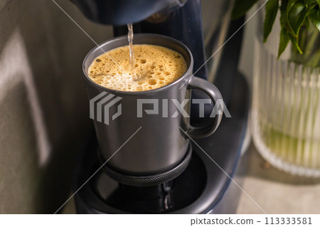 Close-up of espresso pouring from coffee machine. Professional coffee brewing 113333581