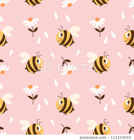 Seamless pattern with cute bee and chamomile flowers on a pastel background. Vector Seamless pattern with cute bee and chamomile flowers on a pastel background. Vector 113333659