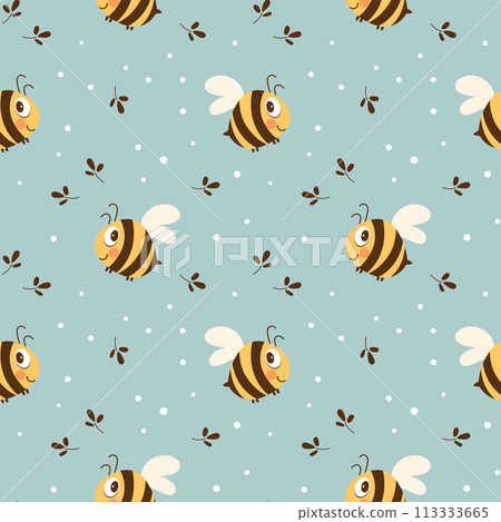 Seamless pattern with cute bee and chamomile flowers on a pastel background. Vector Seamless pattern with cute bee and chamomile flowers on a pastel background. Vector 113333665