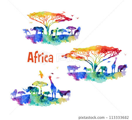 Welcome to Africa poster. Africa abstract animals colored silhouette. hand drawing. Not AI, Vector illustration 113333682