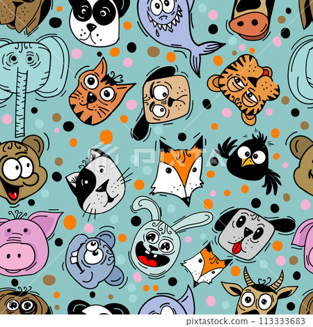 Seamless pattern of colored funny animals. Not AI, Color flat Vector illustration Seamless pattern of colored funny animals. Not AI, Color flat Vector illustration 113333683