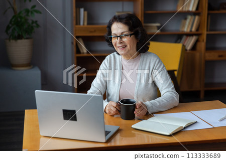 Confident stylish european middle aged senior woman using laptop at home. Stylish older mature 60s lady sitting at table looking at computer screen typing chatting reading writing email 113333689