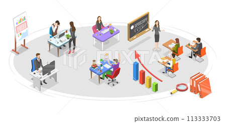 3D Isometric Flat  Conceptual Illustration of Team Collaboration In Office 113333703