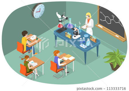 3D Isometric Flat  Conceptual Illustration of Chemistry Lesson 113333716