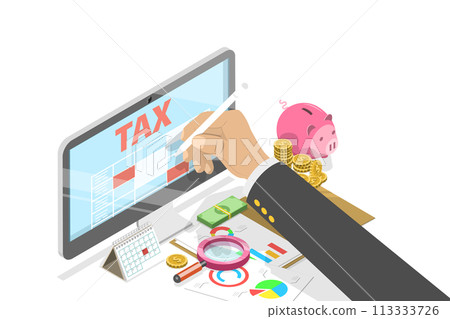 3D Isometric Flat  Conceptual Illustration of Online Tax Calculator 113333726
