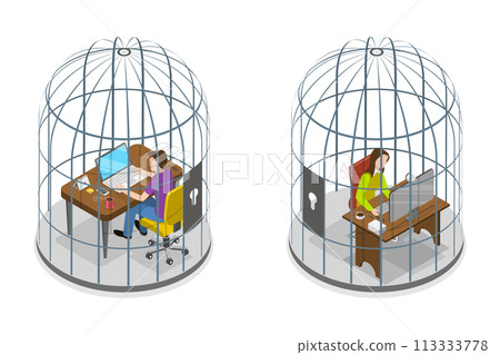 3D Isometric Flat  Conceptual Illustration of Man and Woman In Birdcage 113333778