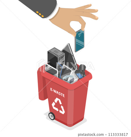 3D Isometric Flat  Conceptual Illustration of Electronic Waste 113333817