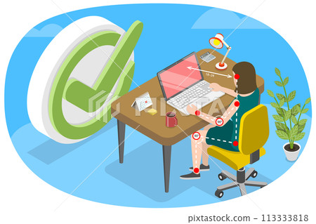 3D Isometric Flat  Conceptual Illustration of Ergonomically Correct Workstation 113333818