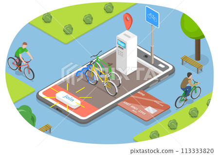 3D Isometric Flat  Conceptual Illustration of Bike Rental 113333820
