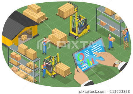 3D Isometric Flat  Conceptual Illustration of Warehouse Management Software 113333828