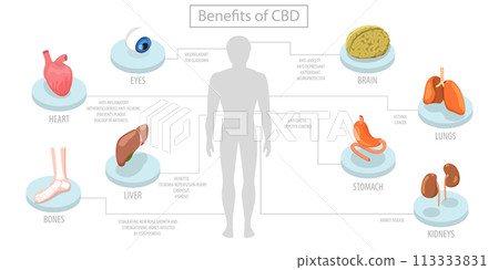 3D Isometric Flat  Conceptual Illustration of Benefits Of CBD 113333831
