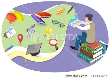 3D Isometric Flat  Conceptual Illustration of Online Learning 113333854