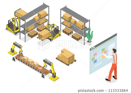 3D Isometric Flat  Conceptual Illustration of Warehouse Automatization 113333864