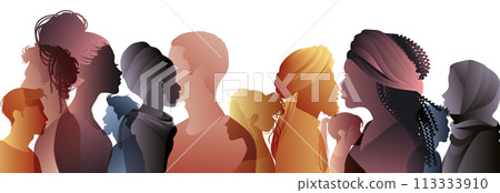 Profile Silhouettes of Men and Women from Diverse Cultures. People diversity. Racial equality anti-racism concept. Social inclusion.Gender equality.Multicultural society. Community 113333910