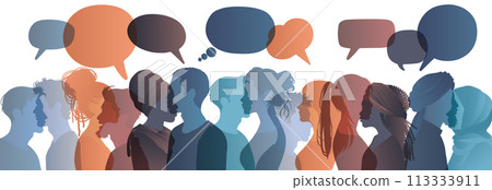 Communication across diverse cultures - Multicultural dialogue represented by colored silhouette and speech bubbles of mixed-race individuals. Diversity equality inclusion concept Communication across diverse cultures - Multicultural dialogue represented by colored silhouette and speech bubbles of mixed-race individuals. Diversity equality inclusion concept 113333911