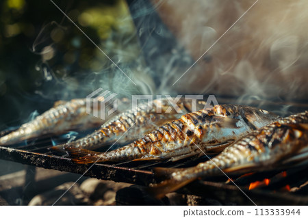 Fish grilled outdoors with smoke. Generative AI 113333944