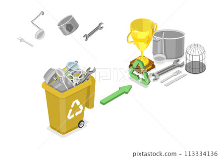 3D Isometric Flat  Conceptual Illustration of Metal Recycling 113334136